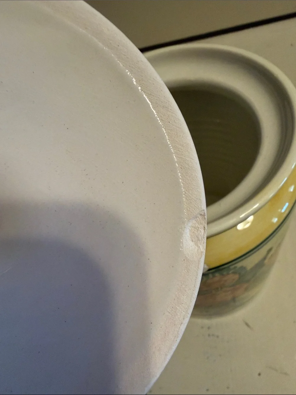 Pretty yellow and green cannister with lid.  Pottery from Greece.   AS IS!